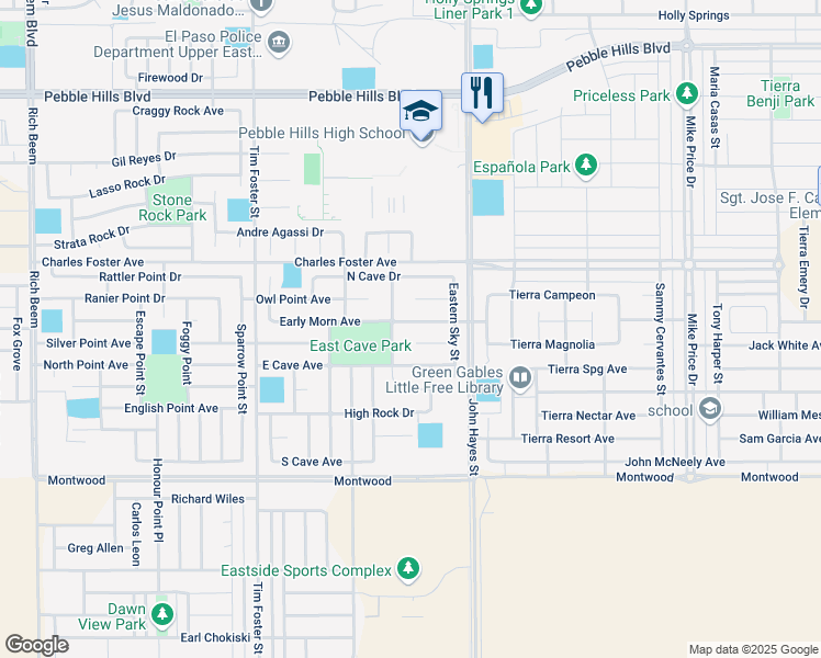 map of restaurants, bars, coffee shops, grocery stores, and more near 14364 Early Morn Avenue in El Paso
