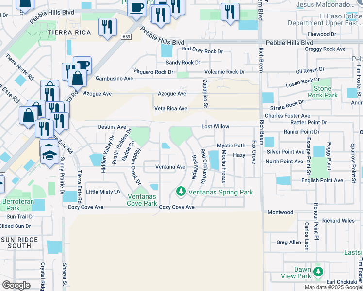 map of restaurants, bars, coffee shops, grocery stores, and more near 3199 Red Maple in El Paso
