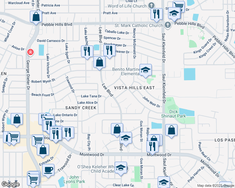 map of restaurants, bars, coffee shops, grocery stores, and more near 2258 Bill Horn Way in El Paso