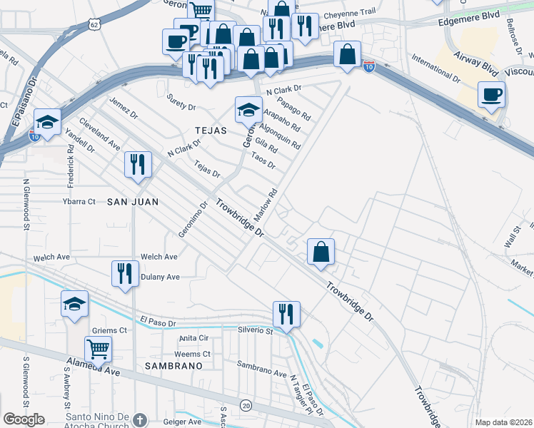 map of restaurants, bars, coffee shops, grocery stores, and more near 6244 Tejas Drive in El Paso