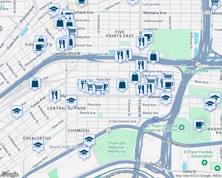 map of restaurants, bars, coffee shops, grocery stores, and more near 3307 Frutas Avenue in El Paso