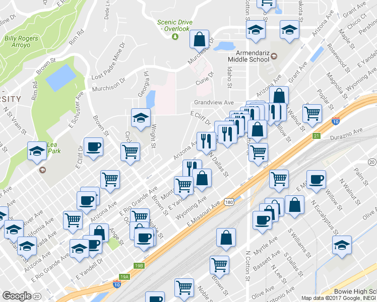 map of restaurants, bars, coffee shops, grocery stores, and more near 1615 Arizona Avenue in El Paso