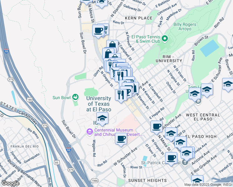 map of restaurants, bars, coffee shops, grocery stores, and more near in El Paso