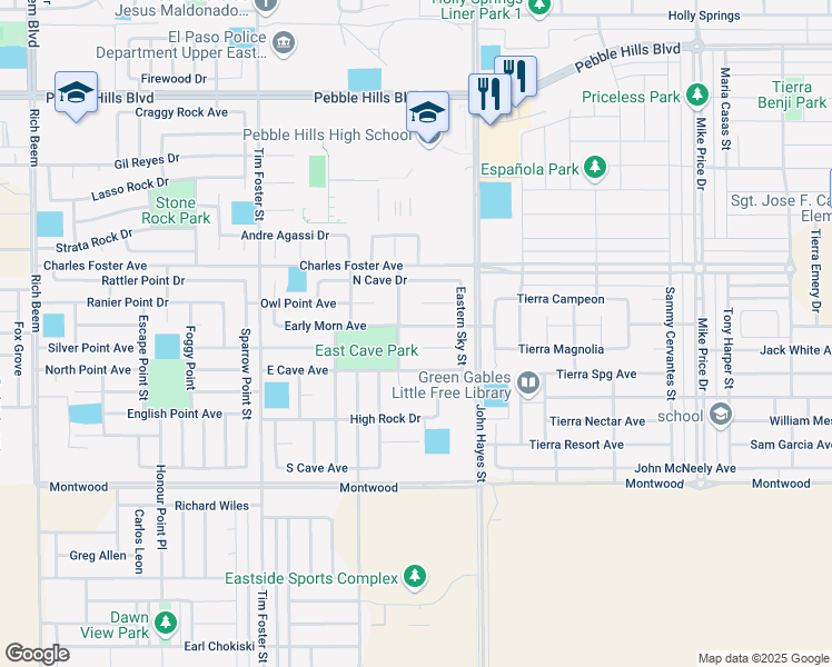 map of restaurants, bars, coffee shops, grocery stores, and more near 14364 Early Morn Avenue in El Paso
