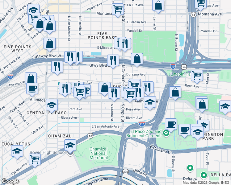 map of restaurants, bars, coffee shops, grocery stores, and more near 3506 Frutas Avenue in El Paso