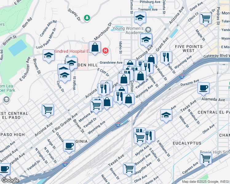 map of restaurants, bars, coffee shops, grocery stores, and more near 1713 Montana Avenue in El Paso