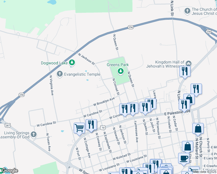 map of restaurants, bars, coffee shops, grocery stores, and more near 1610 North Jackson Street in Palestine