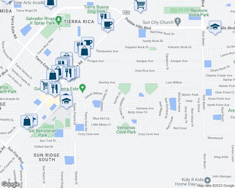 map of restaurants, bars, coffee shops, grocery stores, and more near 3173 Sarina Circle in El Paso