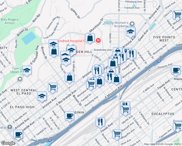 map of restaurants, bars, coffee shops, grocery stores, and more near 1600 Arizona Avenue in El Paso
