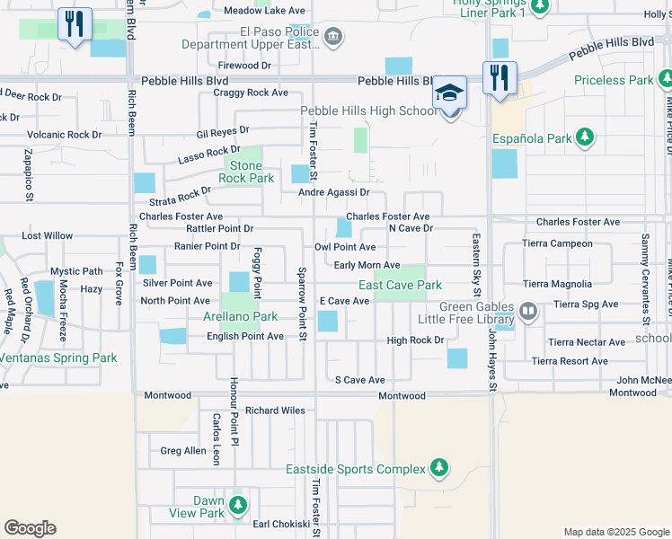 map of restaurants, bars, coffee shops, grocery stores, and more near 14306 Early Morn Avenue in El Paso