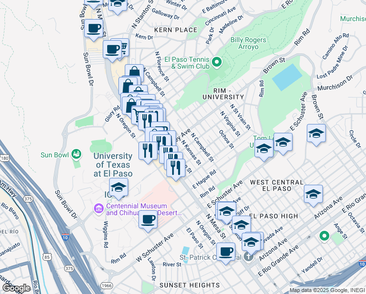 map of restaurants, bars, coffee shops, grocery stores, and more near 2201 North Kansas Street in El Paso