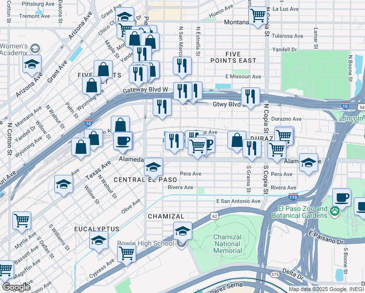 map of restaurants, bars, coffee shops, grocery stores, and more near 3100 Frutas Avenue in El Paso