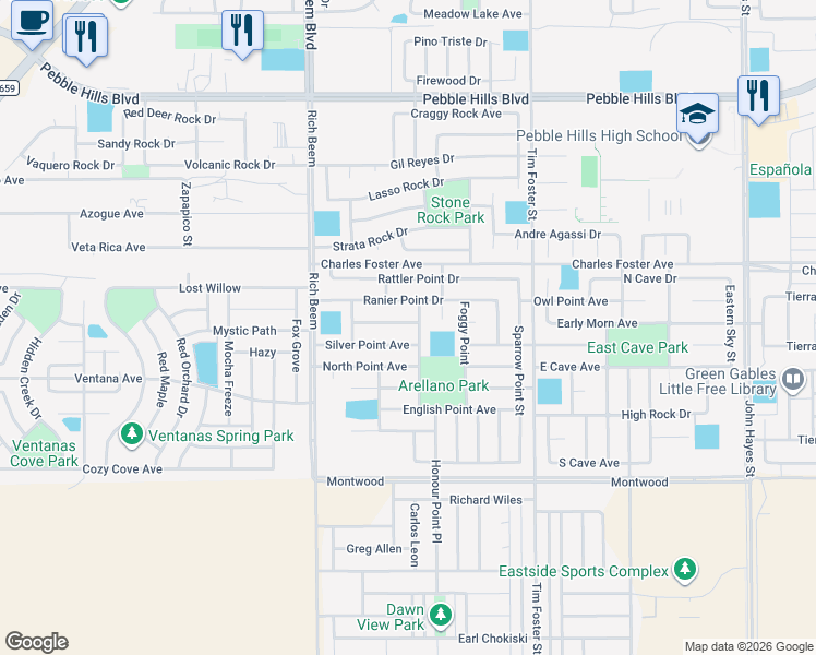 map of restaurants, bars, coffee shops, grocery stores, and more near 14226 Otter Point Court in El Paso