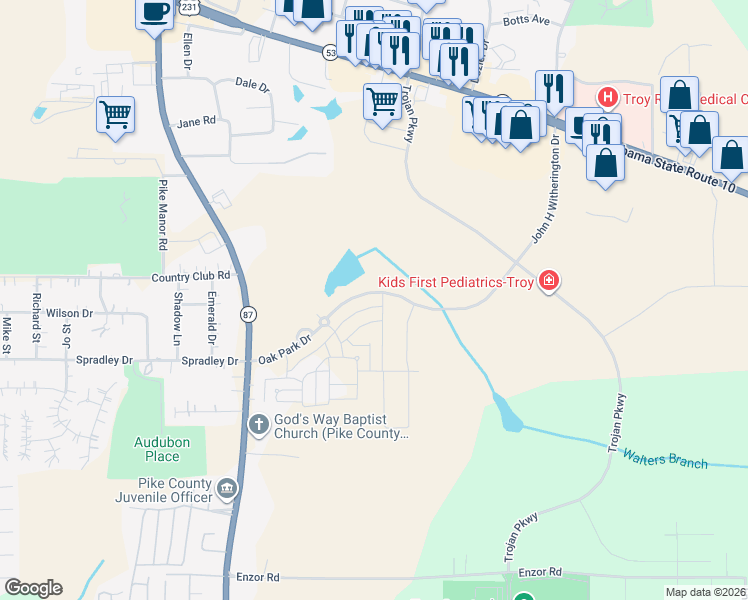 map of restaurants, bars, coffee shops, grocery stores, and more near 213 Oak Park Drive in Troy