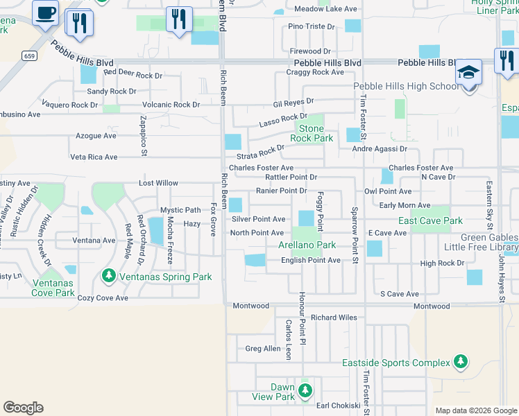 map of restaurants, bars, coffee shops, grocery stores, and more near 14206 Otter Point Court in El Paso