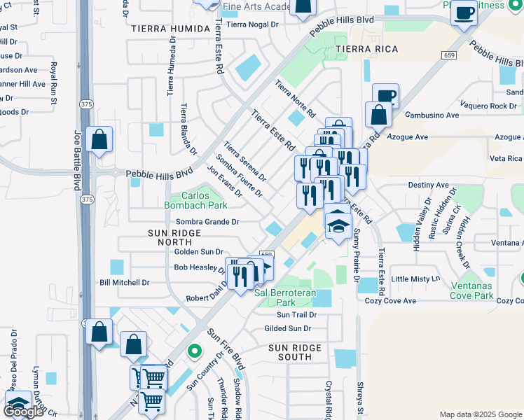 map of restaurants, bars, coffee shops, grocery stores, and more near 12521 Jon Evans Drive in El Paso