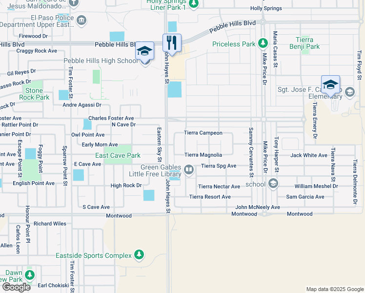 map of restaurants, bars, coffee shops, grocery stores, and more near 2409 Tierra Murcia Street in El Paso