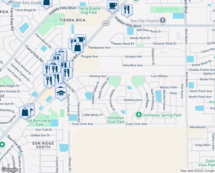 map of restaurants, bars, coffee shops, grocery stores, and more near 3173 Sarina Circle in El Paso