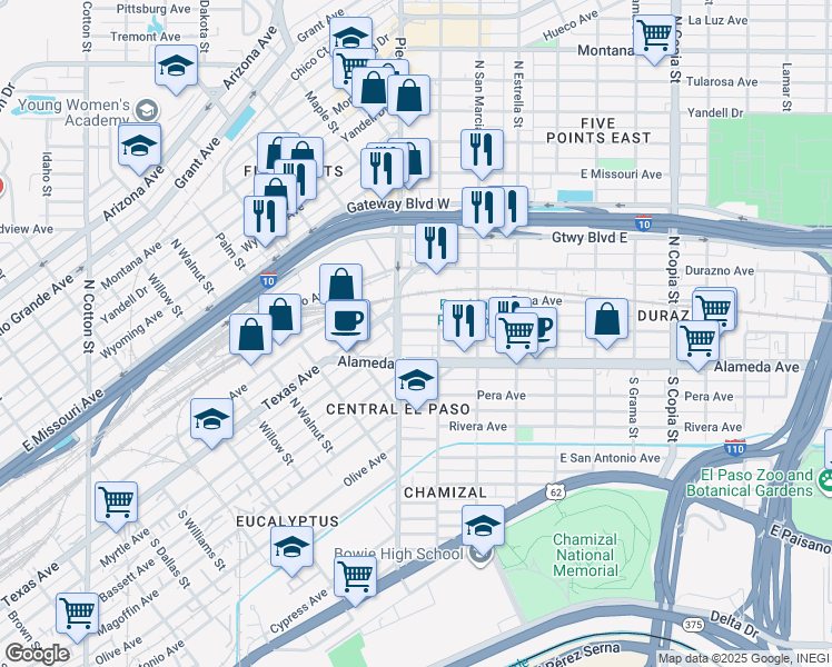map of restaurants, bars, coffee shops, grocery stores, and more near 2910 Frutas Avenue in El Paso