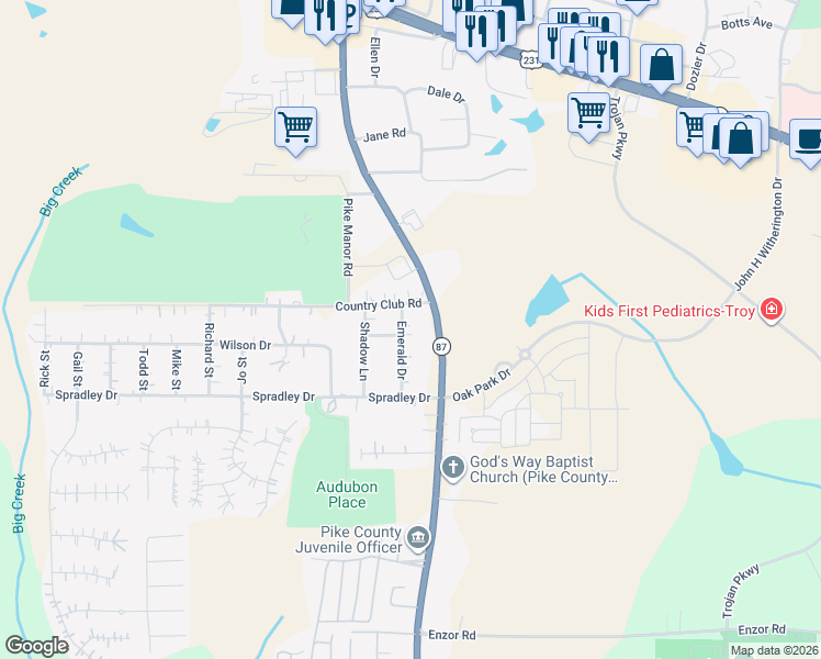 map of restaurants, bars, coffee shops, grocery stores, and more near 104 Emerald Drive in Troy