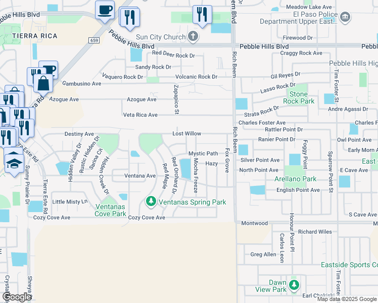 map of restaurants, bars, coffee shops, grocery stores, and more near 3200 Merry Meadow in El Paso