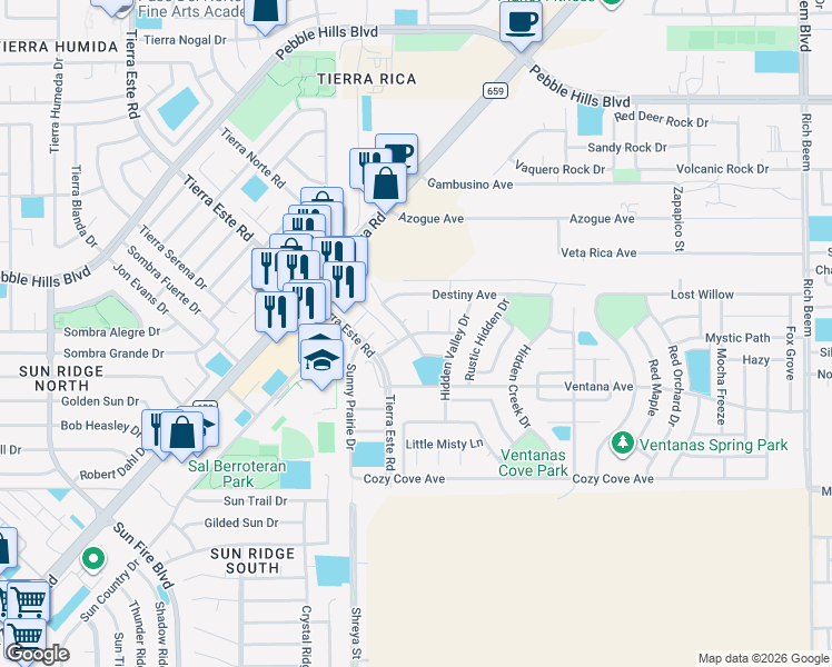 map of restaurants, bars, coffee shops, grocery stores, and more near Velvet Willow in El Paso