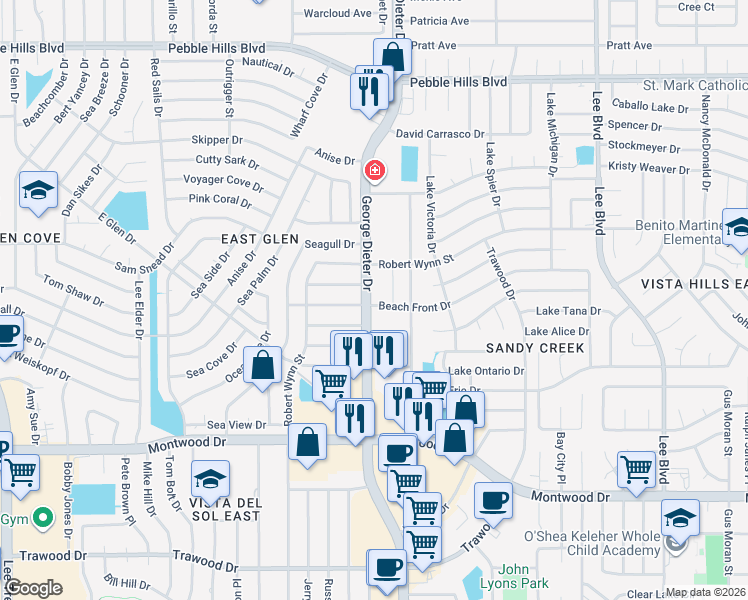 map of restaurants, bars, coffee shops, grocery stores, and more near 2200 George Dieter Drive in El Paso