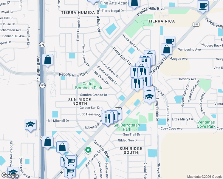 map of restaurants, bars, coffee shops, grocery stores, and more near 12468 Sombra Alegre Drive in El Paso