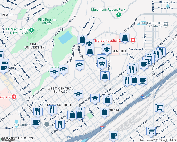 map of restaurants, bars, coffee shops, grocery stores, and more near 1415 Brown Street in El Paso