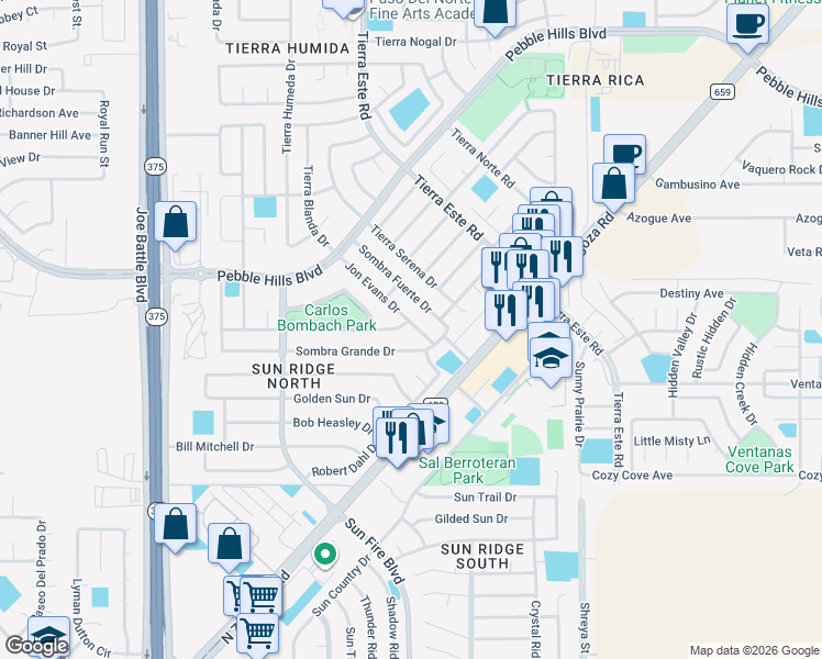 map of restaurants, bars, coffee shops, grocery stores, and more near 12468 Sombra Alegre Drive in El Paso