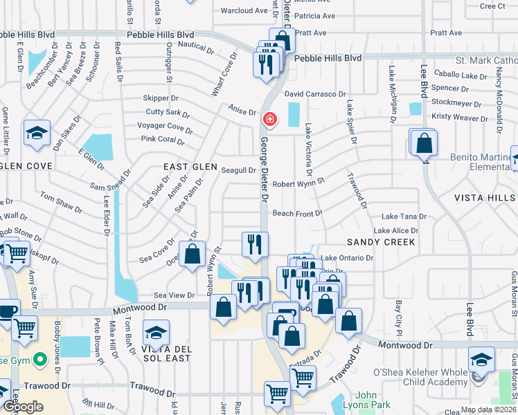 map of restaurants, bars, coffee shops, grocery stores, and more near 2200 George Dieter Drive in El Paso