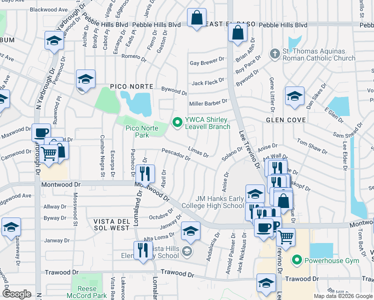 map of restaurants, bars, coffee shops, grocery stores, and more near 10707 Pescador Drive in El Paso
