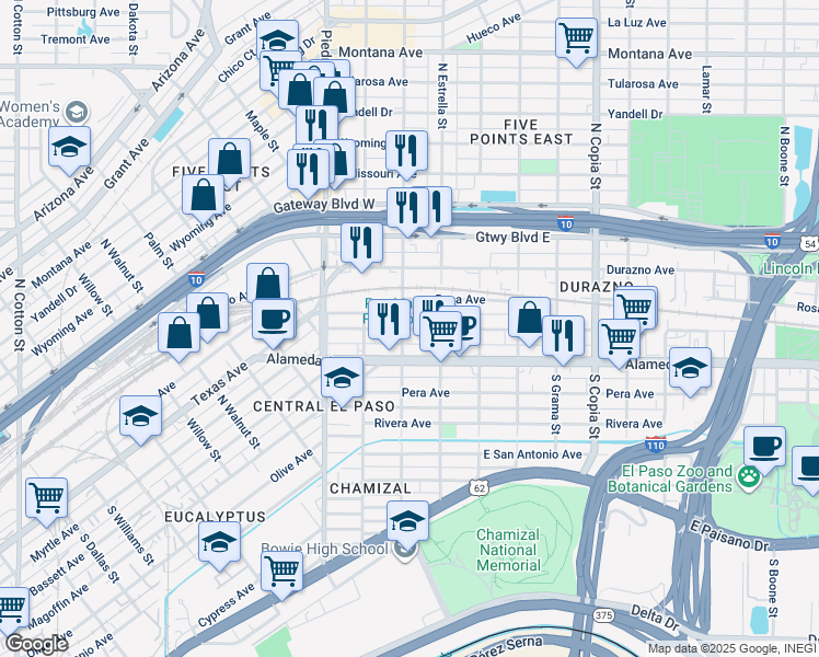 map of restaurants, bars, coffee shops, grocery stores, and more near 3107 Frutas Avenue in El Paso