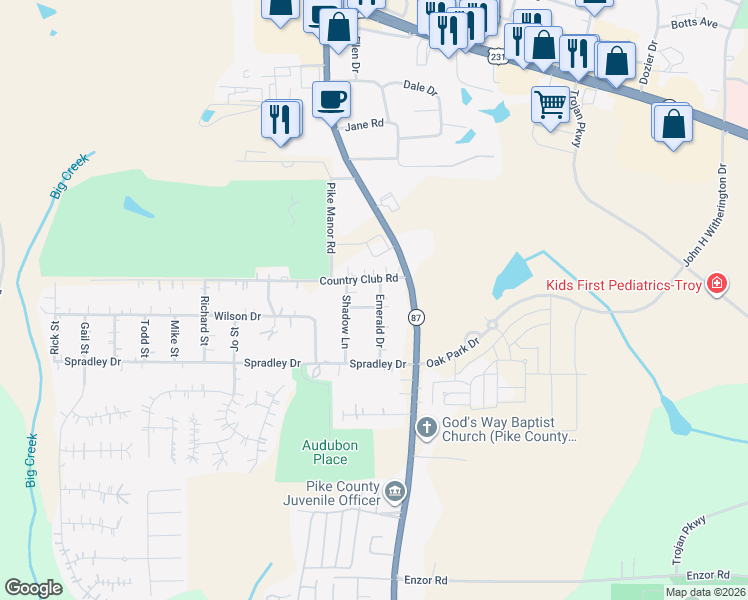 map of restaurants, bars, coffee shops, grocery stores, and more near 104 Emerald Drive in Troy