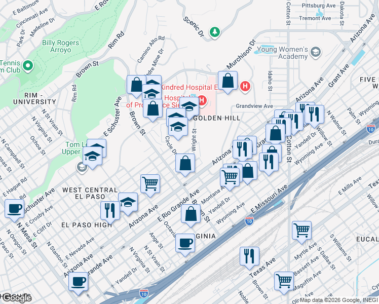 map of restaurants, bars, coffee shops, grocery stores, and more near 1416 East California Avenue in El Paso
