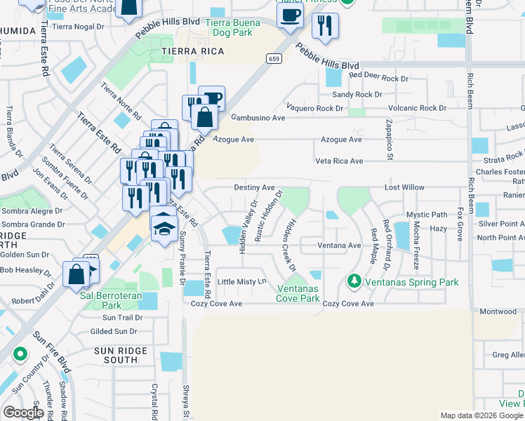 map of restaurants, bars, coffee shops, grocery stores, and more near 3167 Rustic Hidden Drive in El Paso