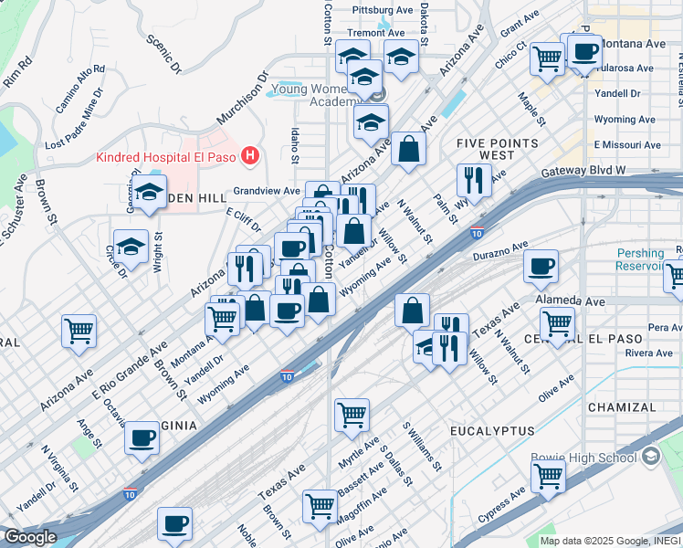 map of restaurants, bars, coffee shops, grocery stores, and more near 1904 Yandell Drive in El Paso