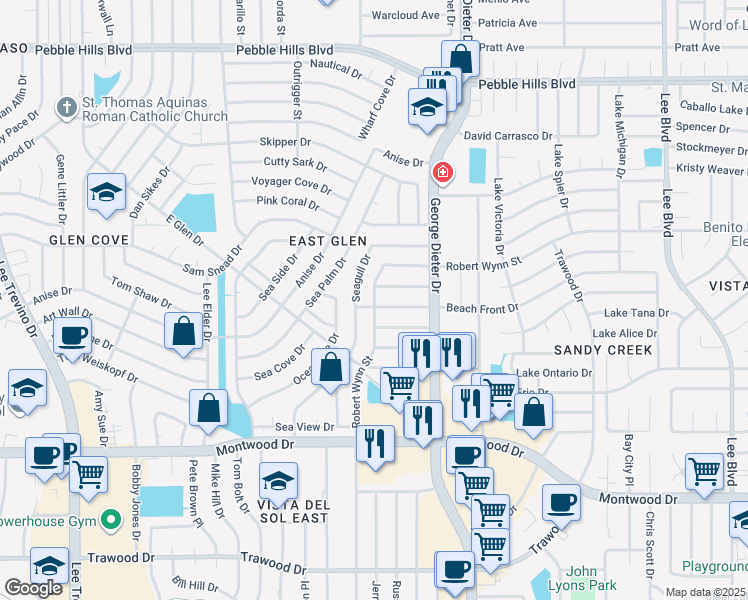 map of restaurants, bars, coffee shops, grocery stores, and more near 2203 Robert Wynn Street in El Paso