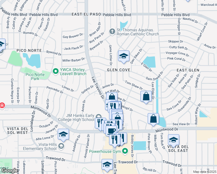 map of restaurants, bars, coffee shops, grocery stores, and more near 2316 Anise Drive in El Paso