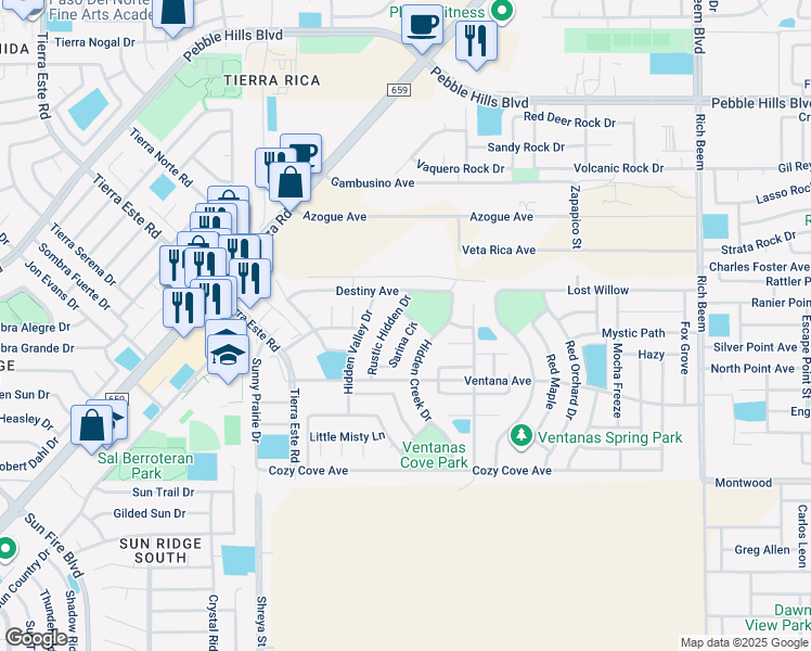 map of restaurants, bars, coffee shops, grocery stores, and more near 3175 Sarina Circle in El Paso