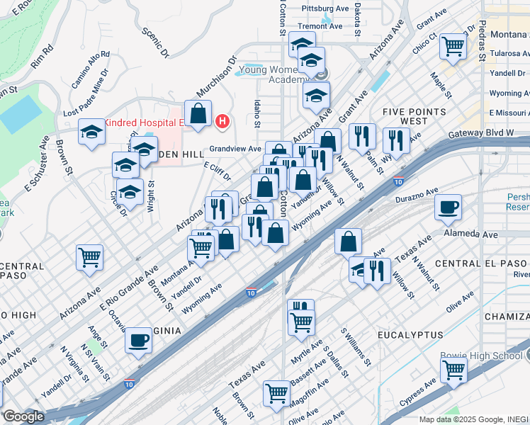 map of restaurants, bars, coffee shops, grocery stores, and more near 1808 Montana Avenue in El Paso