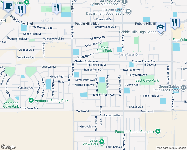 map of restaurants, bars, coffee shops, grocery stores, and more near 14226 Otter Point Court in El Paso