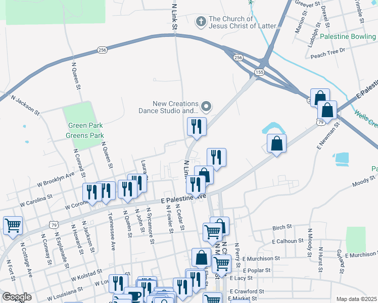 map of restaurants, bars, coffee shops, grocery stores, and more near 1220 N Link St in Palestine