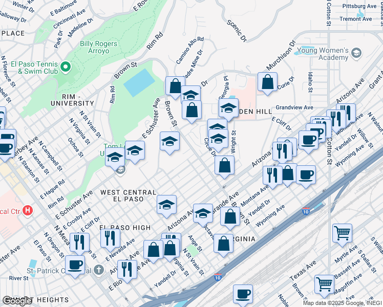 map of restaurants, bars, coffee shops, grocery stores, and more near 1415B Brown Street in El Paso