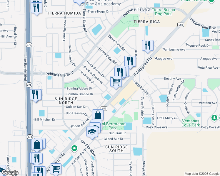 map of restaurants, bars, coffee shops, grocery stores, and more near 2231 North Zaragoza Road in El Paso