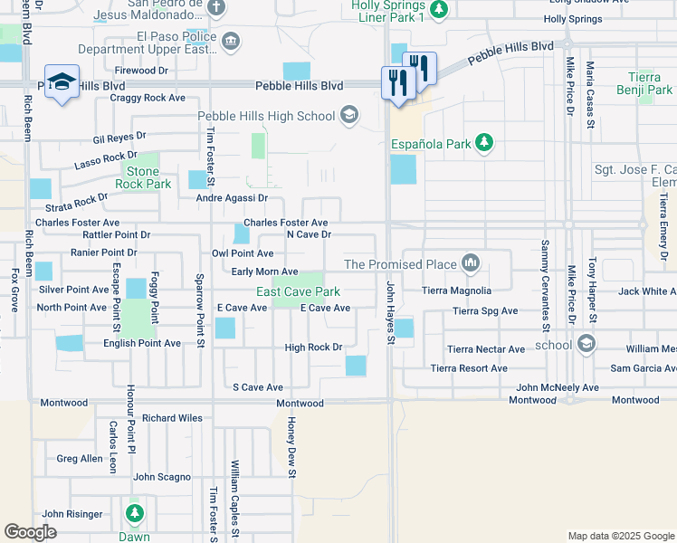 map of restaurants, bars, coffee shops, grocery stores, and more near 14364 Early Morn Avenue in El Paso