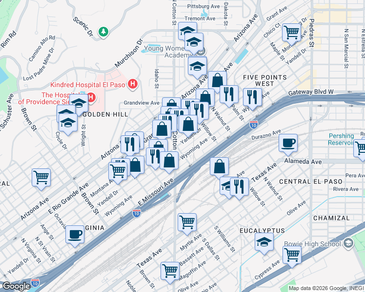 map of restaurants, bars, coffee shops, grocery stores, and more near 1904 Yandell Drive in El Paso