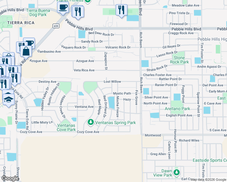 map of restaurants, bars, coffee shops, grocery stores, and more near 3200 Merry Meadow in El Paso