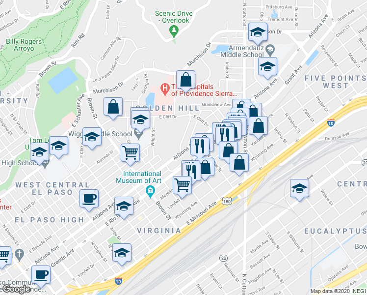 map of restaurants, bars, coffee shops, grocery stores, and more near 1615 Arizona Avenue in El Paso
