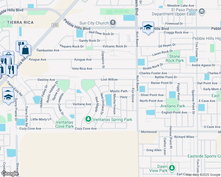 map of restaurants, bars, coffee shops, grocery stores, and more near 3200 Merry Meadow in El Paso